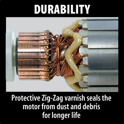 Internal view of motor with zig-zag varnish, highlighting durability of 7 Inch Angle Grinder With Trigger Switch And 15 Amp Power Rotatable Gear Housing Every 90 Degrees Dust Sealed Armature For Longer Life Toolless Wheel Guard AC DC Switch Renewed Heavy Duty Workhorse.