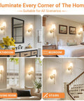Peel And Stick Wireless Wall Sconces Set Of Two Battery Operated LED Lights in bathroom, bedroom, living room, and stairs