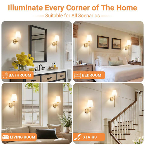 Peel And Stick Wireless Wall Sconces Set Of Two Battery Operated LED Lights in bathroom, bedroom, living room, and stairs