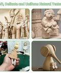 Various wooden carvings made from Unfinished Basswood Carving Blocks Set including animals and figurines.