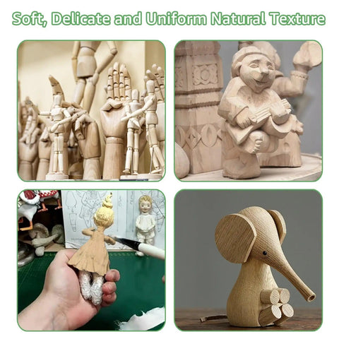 Various wooden carvings made from Unfinished Basswood Carving Blocks Set including animals and figurines.