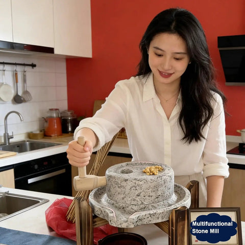No Fuss Manual Stone Grain Mill With Hand Crank For Dry And Wet Grinding in kitchen, woman demonstrating use, natural wood base.