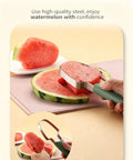Hand using 3 In 1 Stainless Steel Watermelon Slicer Set With Melon Scooper And Rounded Edge Fruit Fork to cut watermelon slice