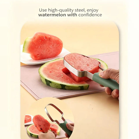 Hand using 3 In 1 Stainless Steel Watermelon Slicer Set With Melon Scooper And Rounded Edge Fruit Fork to cut watermelon slice