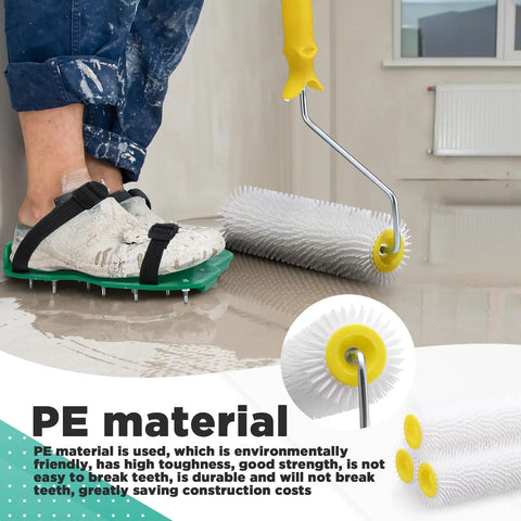 9 Inch Spiked Roller Kit For Self Leveling Concrete And Epoxy Floors Includes 3 Spiked Rollers Roller Stand And Shoes Pro Grade Cement Floor Leveling Tool For Smooth Epoxy And Concrete Finish Yellow in use on concrete floor with spiked shoes visible.