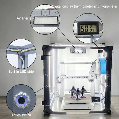24 Inch Clear Acrylic 3D Printer Enclosure With Ventilation, Led Light, Thermometer And Hygrometer, Dustproof and Noise Reduction