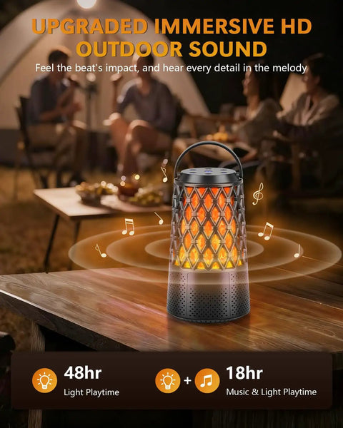 Outdoor Bluetooth Speaker Set With Flame Ambience LEDs Waterproof IPX6 Bluetooth 5.3 Auto Pairing Multi Sync Up To 100 Speakers 10W 3D Surround Sound Portable Party Speaker For Patio Deck Porch Backyard RV The Kickass Gift For Him on wooden table.