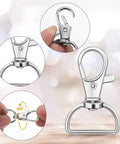 Killer Metal Bag Hardware Kit Featuring Twenty One D Rings Fourteen Swivel Snap Hooks And Twenty One Slide Buckles For Leather Stitching And Purse Making Crafts - close-up of swivel snap hook, 360-degree rotation, shiny metal finish.