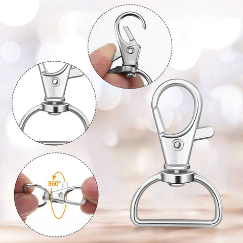 Killer Metal Bag Hardware Kit Featuring Twenty One D Rings Fourteen Swivel Snap Hooks And Twenty One Slide Buckles For Leather Stitching And Purse Making Crafts - close-up of swivel snap hook, 360-degree rotation, shiny metal finish.