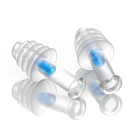 Flight Ready Earplugs For Ear Pressure Relief On Flights Pain Free Takeoffs And Landings shown close-up with blue filters