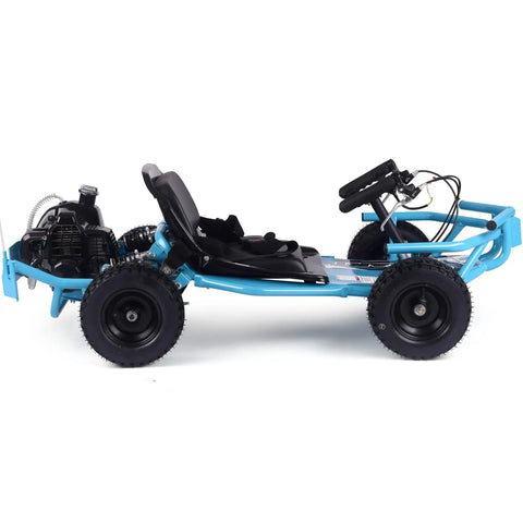 Side view of 52Cc Gas Powered Sandman Go Kart With 32 MPH Top Speed 9.5 Inch Tires Blue Finish Easy Pull Start Built To Rip In The Backyard
