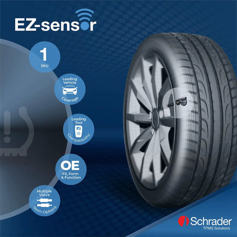 EZ-Sensor TPMS Tire Pressure Monitoring Sensor 314.9 315 433 MHz Snap-In Fixed Angle, Programmable For Your Ride Year Make Model, Requires Programming Before Installation shown on wheel graphic