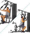 All In One 160Lb Home Gym System For Full Body Workouts, heavy duty steel frame, dual exercise positions in use.