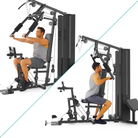 All In One 160Lb Home Gym System For Full Body Workouts, heavy duty steel frame, dual exercise positions in use.