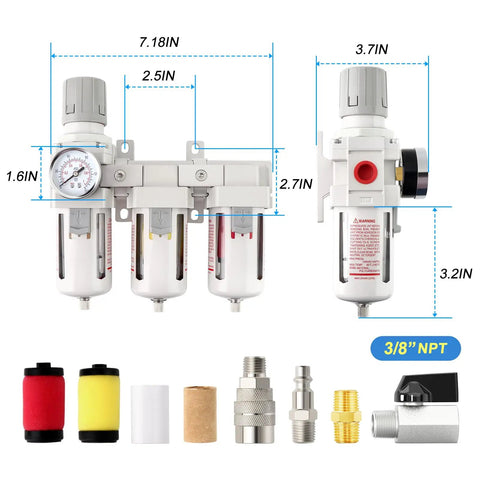 Top Rated 3 8 NPT Three Stage Air Dryer And Regulator Kit With Coalescing And Particulate Filters Manual Drain For Pneumatic Tools smooth moisture removal components and dimensions.