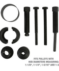 Power Steering Pulley Puller And Installer Kit components for Ford GM VW Chrysler cars with hub sizes 1-1/8 to 1-3/8 inches