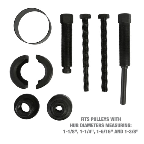 Power Steering Pulley Puller And Installer Kit components for Ford GM VW Chrysler cars with hub sizes 1-1/8 to 1-3/8 inches