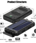 Diagram of Rugged 8000mAh Solar Charger Power Bank For Outdoor Adventures, featuring compass, USB C ports, and LED flashlight.