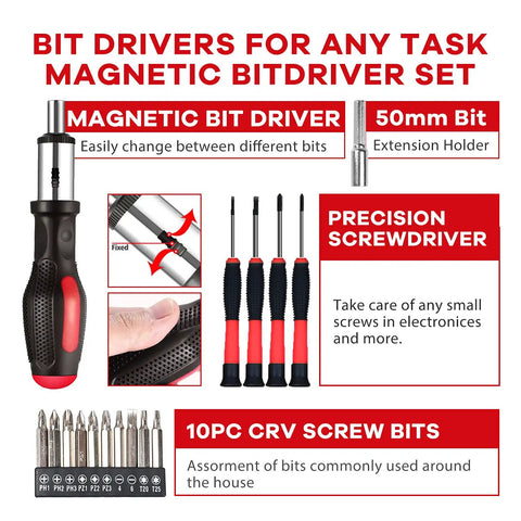 Magnetic bit driver set with precision screwdriver, 50mm extension holder, and 10pc CRV screw bits for electronics and home use.