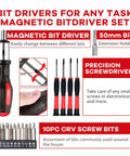 Bit driver set with magnetic bit driver, precision screwdriver, CRV screw bits, and extension holder for various tasks.