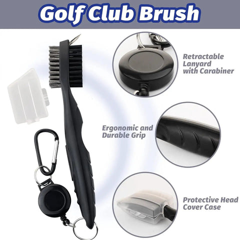 All In One Golf Accessories Kit With Bag Hook Tees Towel Cleaner Brush Ball Marker Divot Tool Score Counter And Retractable Groove Cleaner displayed with lanyard and cover