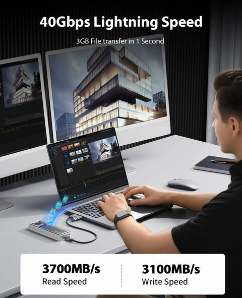 Kickass 40Gbps M.2 NVMe SSD Enclosure Featuring Active Cooling Fan No Hassle Aluminum Crystal Body For 2280 Drives in use with laptop and monitor.