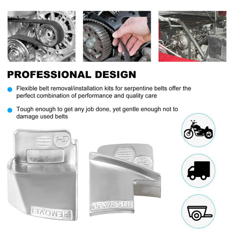 Two Pack Stretch Belt Remover And Installer Tool Kit For Cars Trucks Trolleys Carts And Other Vehicles Heavy Duty Universal Belt Tool Set For Quick Removal And Easy Installation showing tools with text and illustrations