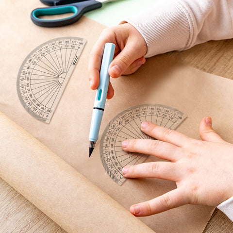 Bulk 100 Pack Clear Plastic Protractors 4 Inch Transparent Geometry Measuring Tools in use for math projects.