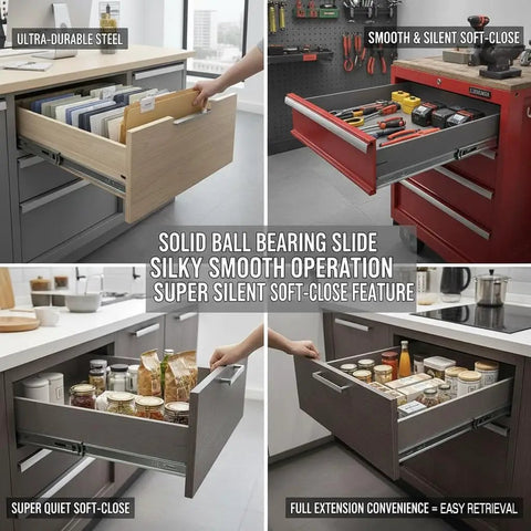 Six Pairs Of 24 Inch Drawer Slides With Soft Close And Full Extension, Heavy Duty Side Mount Rails in kitchen and workshop use
