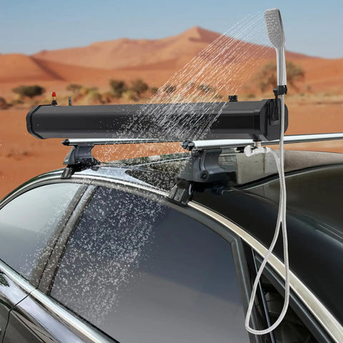 Portable Road Shower For Camping And Outdoors, 5.3 Gallon Pressurized Water Tank on car roof with 5.58 ft hose.