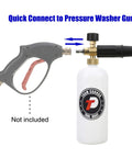 Adjustable Foam Cannon With One Quarter Inch Quick Connect, 1 Liter Capacity, next to a pressure washer gun.