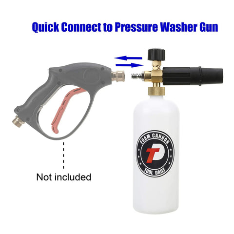 Adjustable Foam Cannon With One Quarter Inch Quick Connect, 1 Liter Capacity, next to a pressure washer gun.