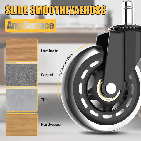 Close-up of 3-inch rubber office chair caster wheel on different floors with universal 11x22mm stem for smooth rolling.