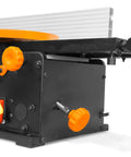 Heavy Duty 10 Amp 8 Inch Spiral Benchtop Jointer With Extendable Table and 16 Staggered HSS Blades side view showing controls and expandability.
