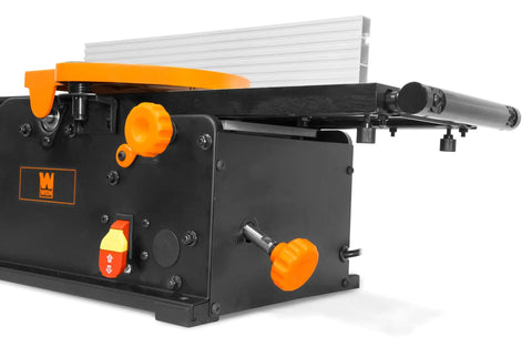 Heavy Duty 10 Amp 8 Inch Spiral Benchtop Jointer With Extendable Table and 16 Staggered HSS Blades side view showing controls and expandability.