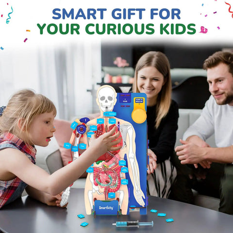 Child interacting with Totally Hands On Anatomy Kit For Kids Aged Eight To Fourteen Buildable Human Body Model while parents watch.