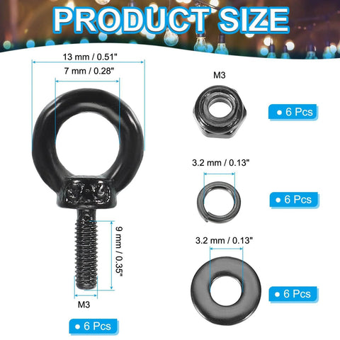 Sturdy M3x9mm Shoulder Eye Bolt Set, Black 304 Stainless Steel Lifting Eyebolt, 6 Pack with dimensions and parts shown