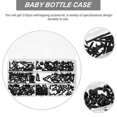 210 PC Carbon Steel Black Self Tapping Screws Kit M3.0 To M4.8 Pan Head With Washer Cross Drive Fasteners Assortment in case