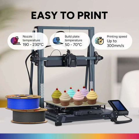 Matte Blue PLA Filament 1.75mm 1Kg Spool For Easy No Fuss 3D Printing displayed with 3D printer and printed cupcake models