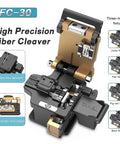 High precision fiber cleaver FC-30 with three-in-one fixture and hidden hex wrench, shown with jump, flat, pigtail, and bare fibers.