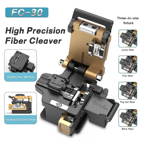 High precision fiber cleaver FC-30 with three-in-one fixture and hidden hex wrench, shown with jump, flat, pigtail, and bare fibers.