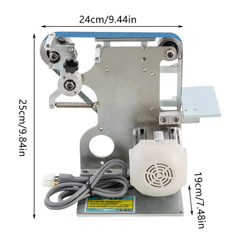 Heavy Duty 550W Brushless Belt Sander Built Tough As Nails For Metal And Wood Work 1X30 Inch 6000RPM Horizontal Polishing Machine With Rock Solid Base side view with dimensions.