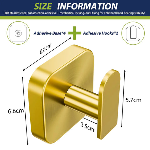 Heavy Duty Self Adhesive Wall Hooks Built Different, Stainless Steel Sticky Towel Holder With Knockout Grip For Bathroom Shower Or Kitchen, Hang Heavy Coats Without A Sweat, Gold Finish, 2 Pack dimensions of 6.8cm x 5.7cm x 3.5cm