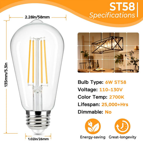 4 Pack Vintage LED Edison Bulbs 60W Equivalent, 6W ST58 2700K Warm White Antique Filament Bulbs with specifications
