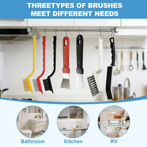 11 Piece V Shaped Grout Cleaning Brush Set With Stiff Bristles Crevice Brushes And Stainless Steel Scraper displayed in kitchen