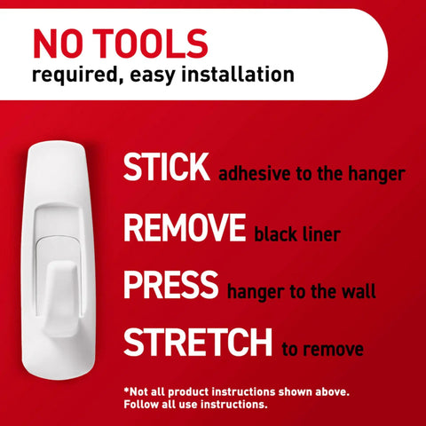 Installation steps for 5 Pound Large Utility Hooks Kit With 14 Hangers And 16 Adhesive Strips Damage Free Wall Mounts, no tools needed.