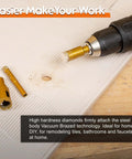Close-up of THINKWORK 12-piece diamond drill bit kit for tile; gold hollow-core bits with drill on ceramic tile