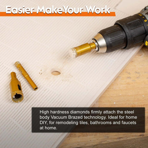 Close-up of THINKWORK 12-piece diamond drill bit kit for tile; gold hollow-core bits with drill on ceramic tile