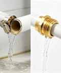 Complete Garden Hose Repair Kit Fixes Leaks Fast with Heavy Duty Aluminum Ends And Stainless Clamps Perfect For 3 4 Or 5 8 Inch Hoses Easy Fix For Sprinklers gold aluminum hose splice with stainless clamp, shown stopping leaks