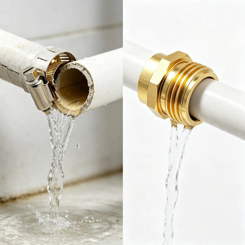 Complete Garden Hose Repair Kit Fixes Leaks Fast with Heavy Duty Aluminum Ends And Stainless Clamps Perfect For 3 4 Or 5 8 Inch Hoses Easy Fix For Sprinklers gold aluminum hose splice with stainless clamp, shown stopping leaks